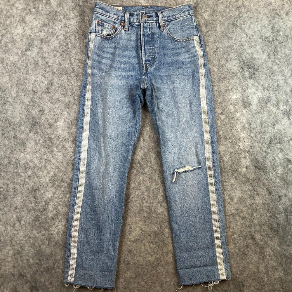 Levis 501 Jeans 24 00 Button Fly Bling Rhinestone Big E Repro 100 Cotton Raw Hem